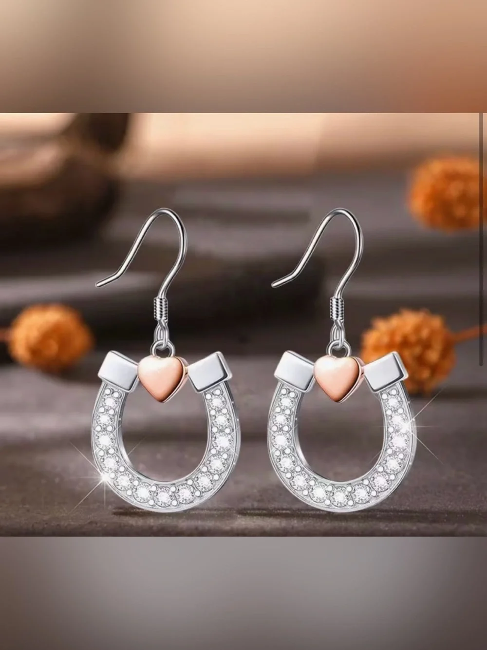 Crystal Horseshoe Drop Earrings with Rose Gold Heart Accent - New